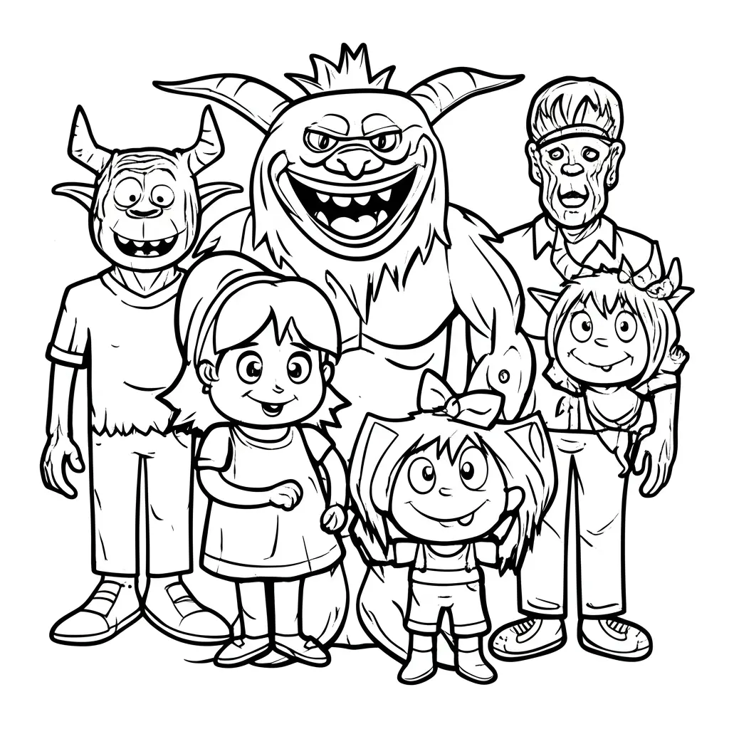 Ausmalbild einer Monsterfamilie für Kinder zum Ausdrucken und Ausmalen kostenlos