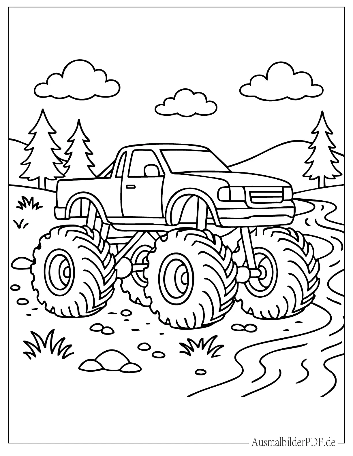 20 MonsterTruck Ausmalbilder (Gratis Vorlagen zum drucken) Monstertruck am Fluss Ausmalvorlage