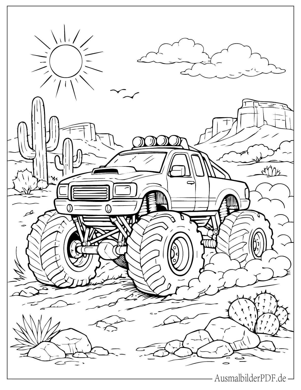 20 MonsterTruck Ausmalbilder (Gratis Vorlagen zum drucken) Monstertruck in der Wüste Ausmalbild