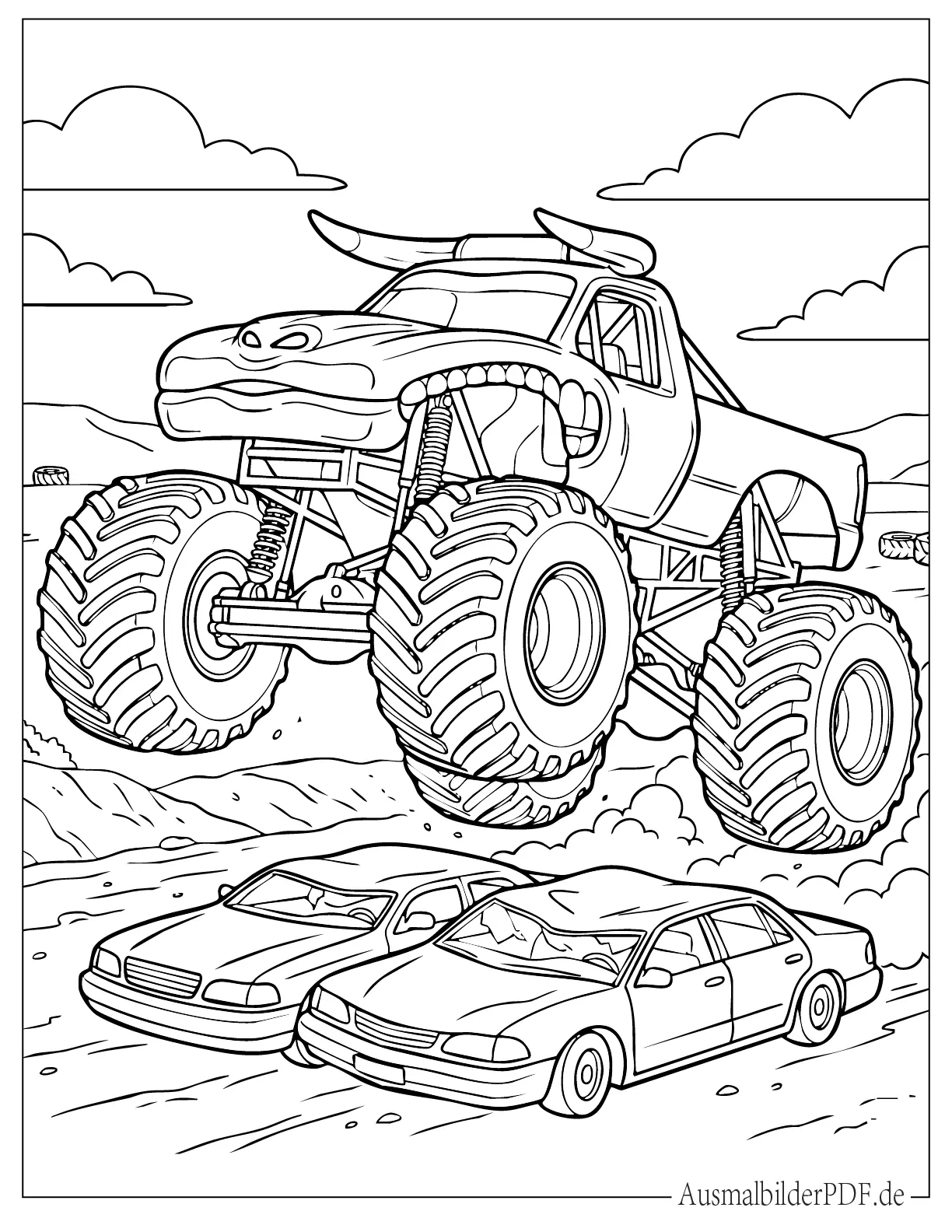 20 MonsterTruck Ausmalbilder (Gratis Vorlagen zum drucken) Monster Truck springt über Autos druckbares Ausmalbild