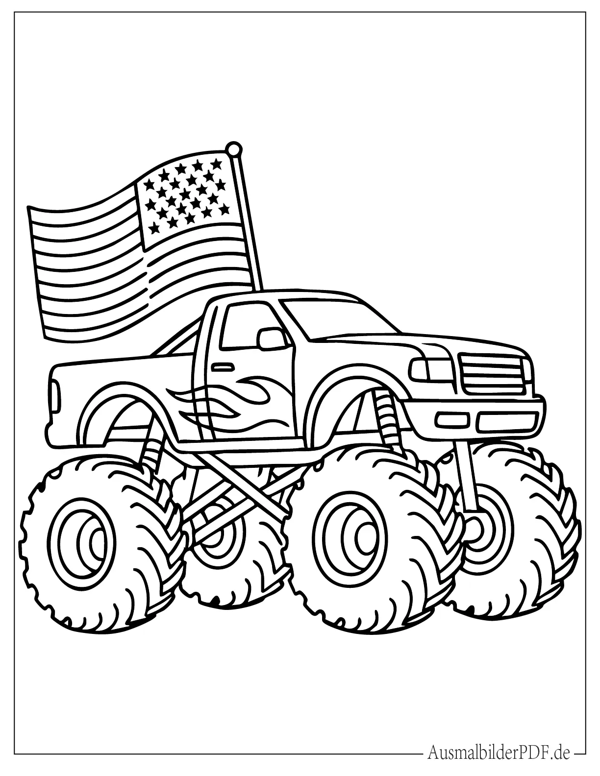 20 MonsterTruck Ausmalbilder (Gratis Vorlagen zum drucken) Monstertruck mit Flagge Ausmalvorlage
