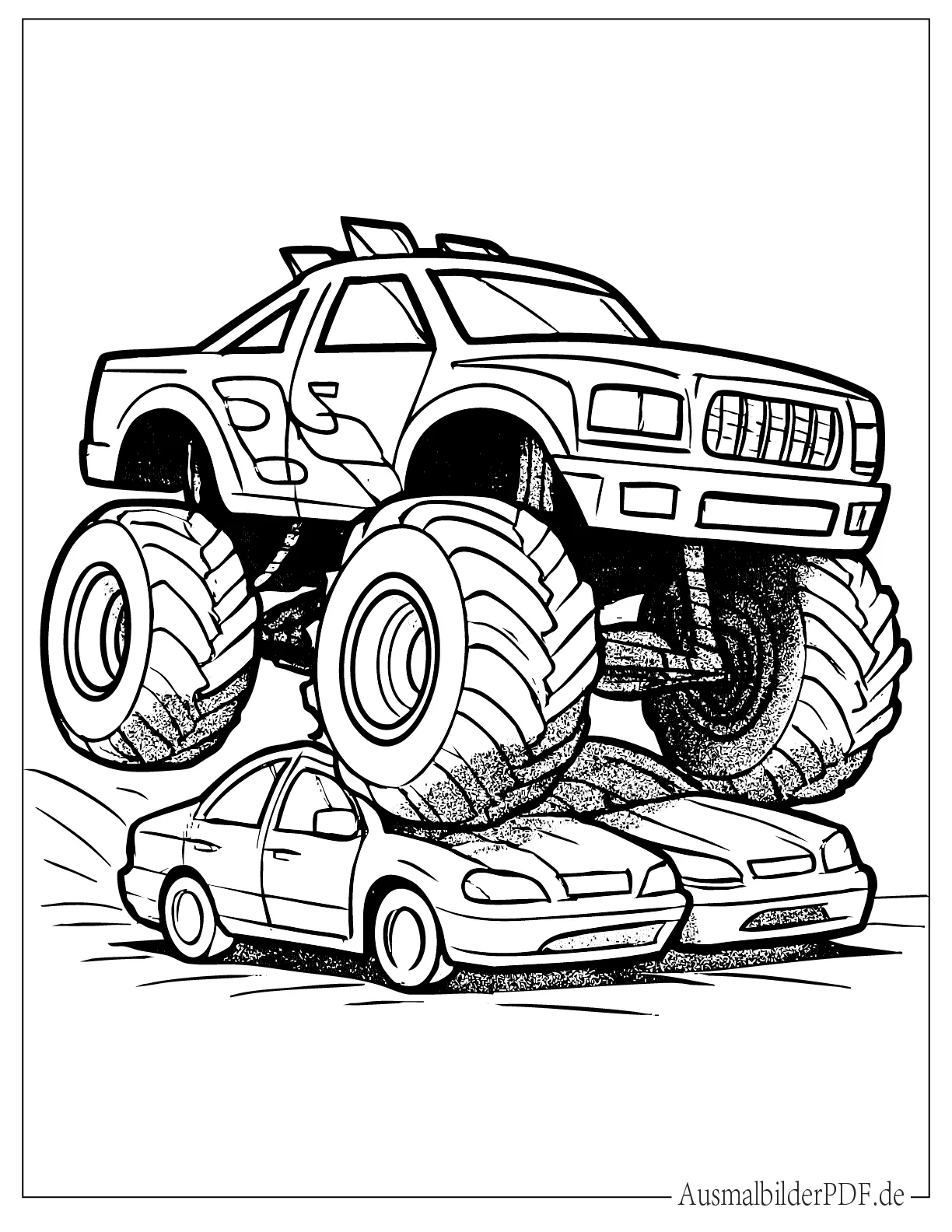20 MonsterTruck Ausmalbilder (Gratis Vorlagen zum drucken) Monstertruck springt über Autos zum Ausmalen