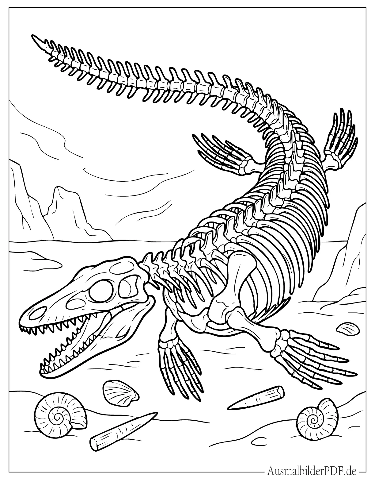 Detailliertes Dinosaurier Mosasaurus Skelett Ausmalvorlage