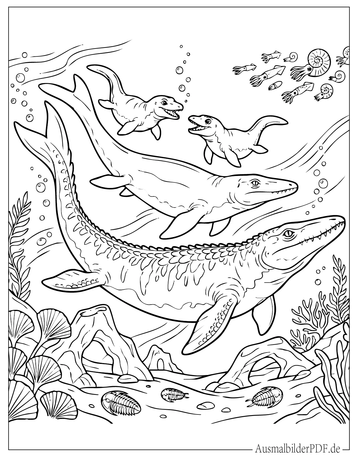 Mosasaurus Familie schwimmt zusammen Malvorlage