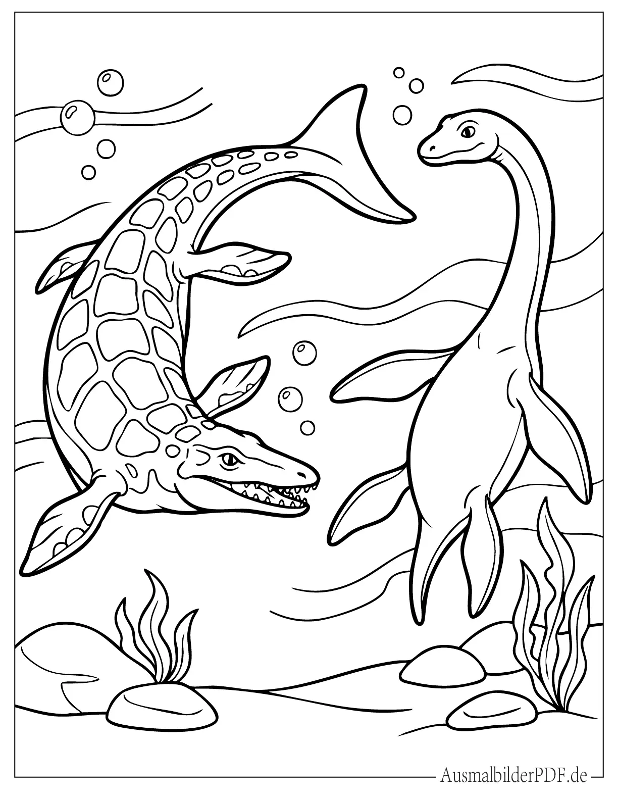 Dinosaurier Mosasaurus mit Plesiosaurus unter Wasser Malvorlage