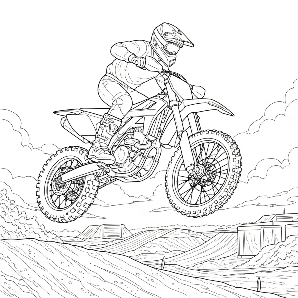 10+ Motorrad Ausmalbilder (Gratis Malvorlage zum Ausdrucken) Ausmalbild mit einem Motocross-Motorrad für Kinder, als kostenlose und druckbare PDF-Vorlage zum Ausmalen