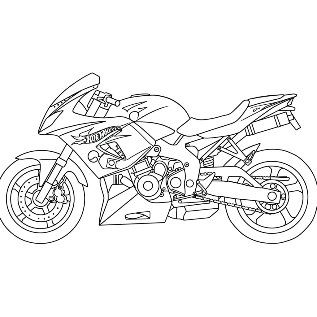 Kostenloses Hot Wheels Motorrad Ausmalbild als PDF. Ideal für Kinder, die schnelle Motorräder ausmalen möchten.