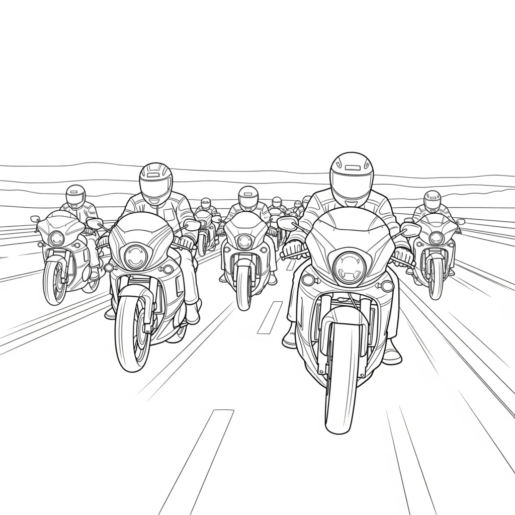 10+ Motorrad Ausmalbilder (Gratis Malvorlage zum Ausdrucken) Ausmalbild einer Motorrad Club Fahrt mit mehreren Motorrädern, ideal für Kinder als kostenlose druckbare PDF-Vorlage zum Ausmalen
