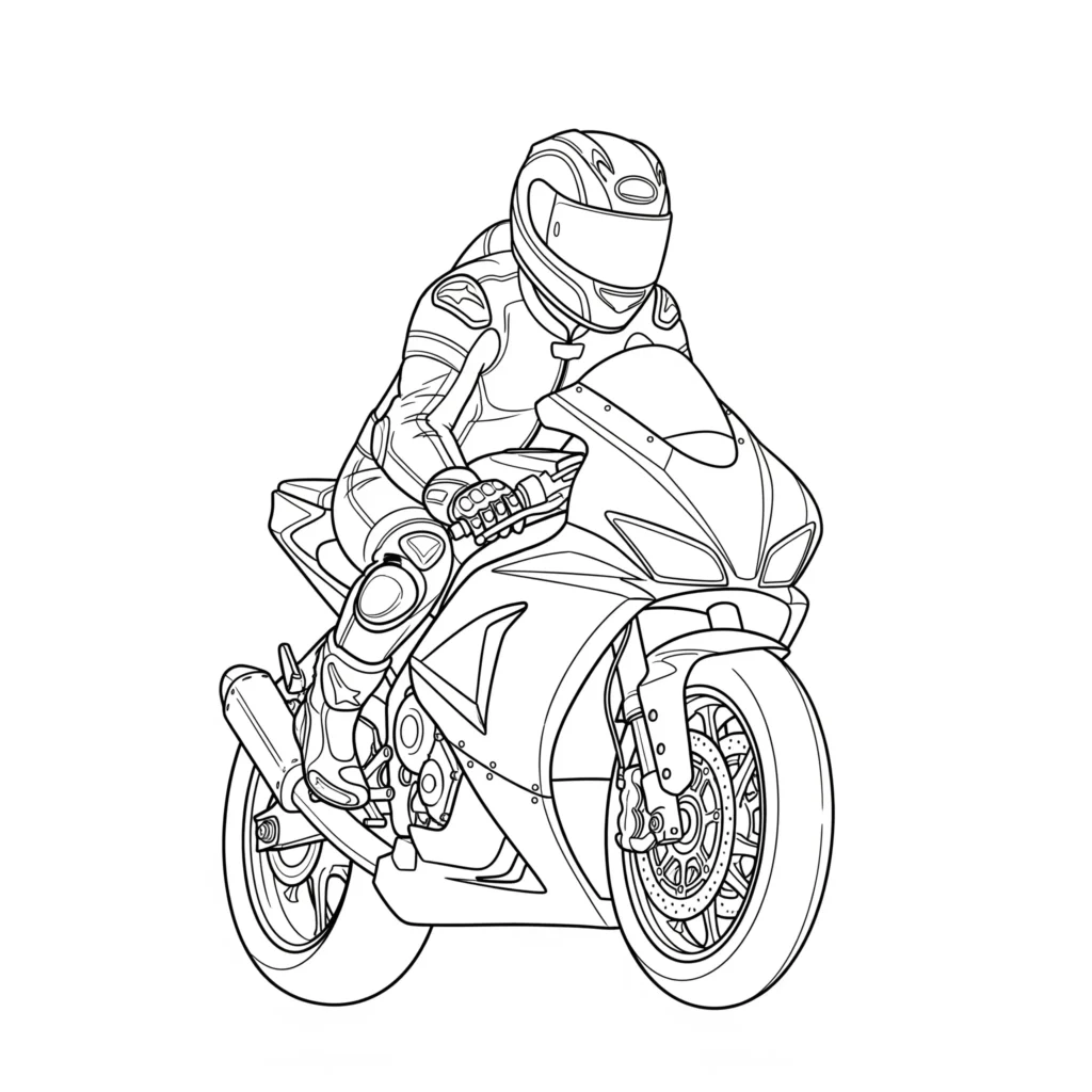 10+ Motorrad Ausmalbilder (Gratis Malvorlage zum Ausdrucken) Ausmalbild eines Motorrads mit Fahrer in kompletter Schutzkleidung, ideal für Kinder zum Ausdrucken und Ausmalen als kostenlose PDF-Vorlage