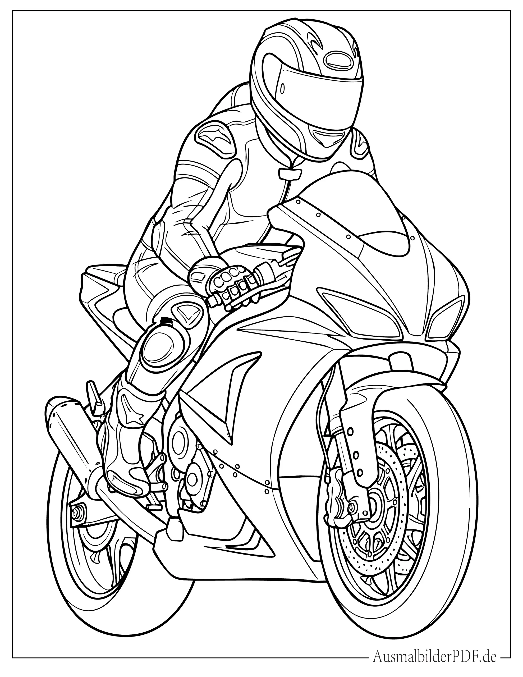 Realistischer Motorradfahrer in voller Ausrüstung fährt Motorrad Ausmalvorlage