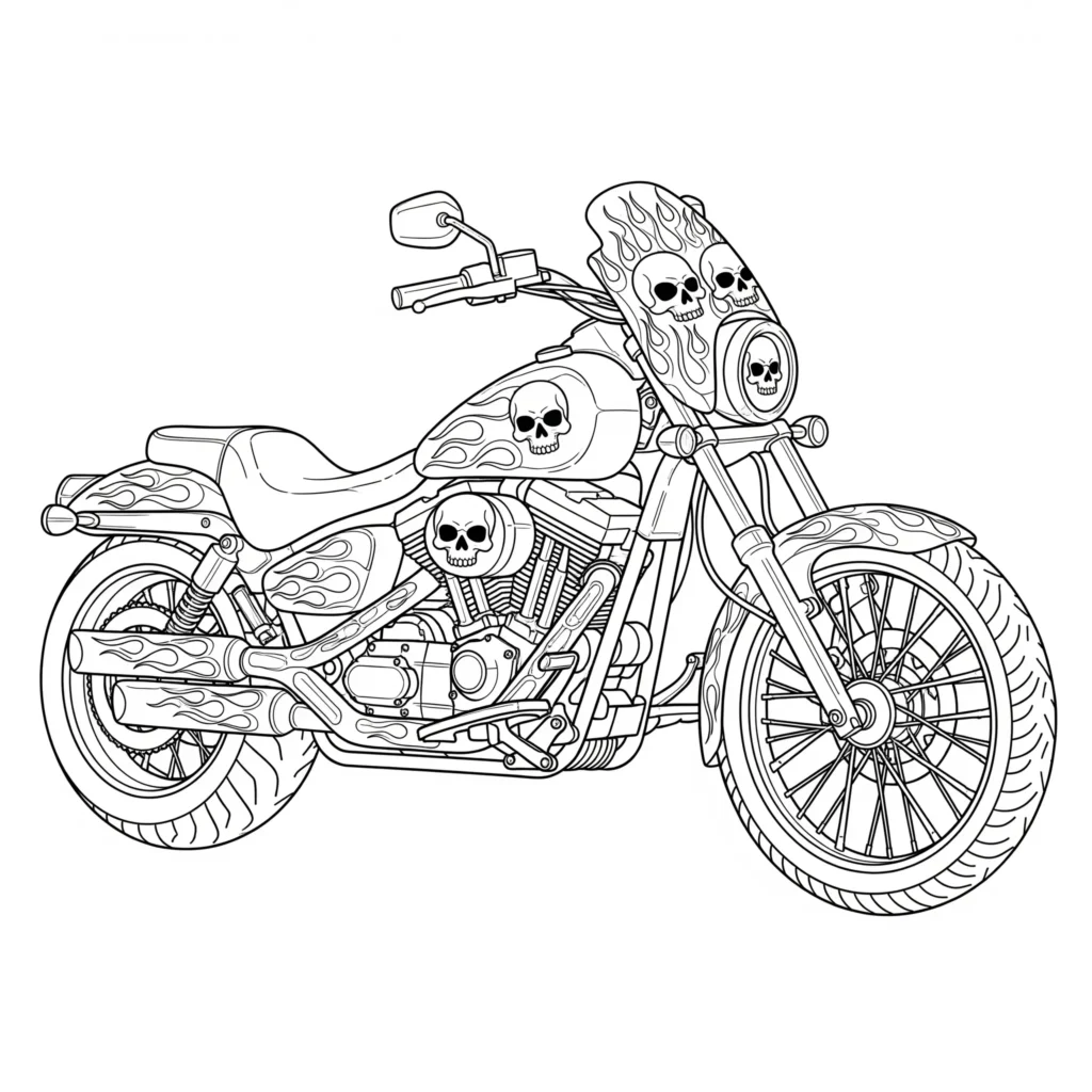 10+ Motorrad Ausmalbilder (Gratis Malvorlage zum Ausdrucken) Ausmalbild eines Motorrads mit auffälligen Flammen- und Totenkopf-Designs, als druckbare PDF-Vorlage für Kinder zum Ausmalen