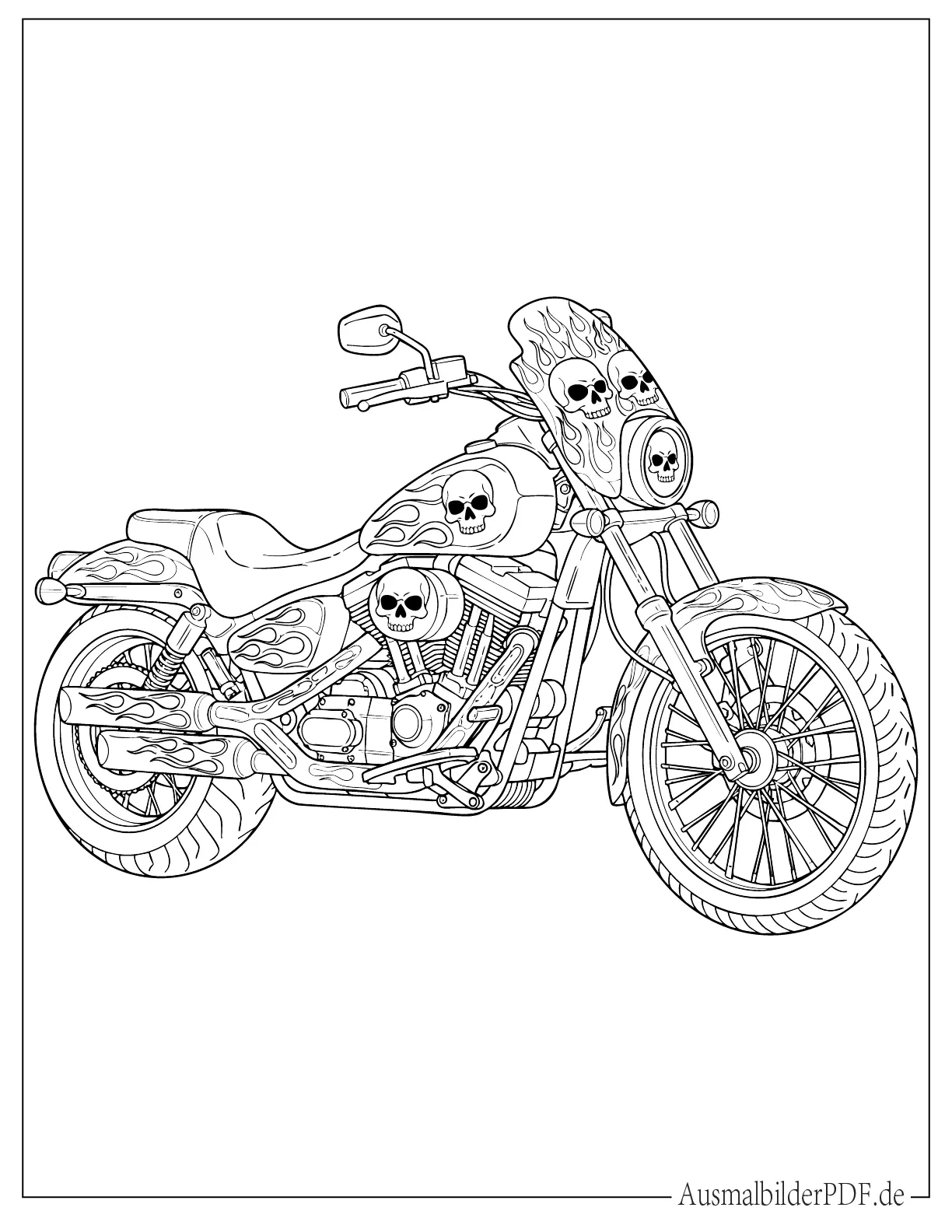 Detailliertes Motorrad mit Flammen und Totenkopf Grafiken Ausdruckbare Malvorlage