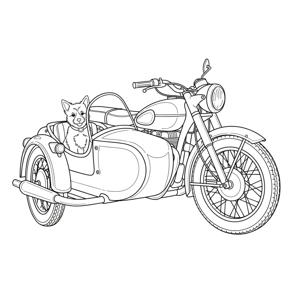 10+ Motorrad Ausmalbilder (Gratis Malvorlage zum Ausdrucken) Ausmalbild eines Motorrads mit Beiwagen für Kinder als kostenlose PDF-Vorlage zum Ausdrucken und Ausmalen