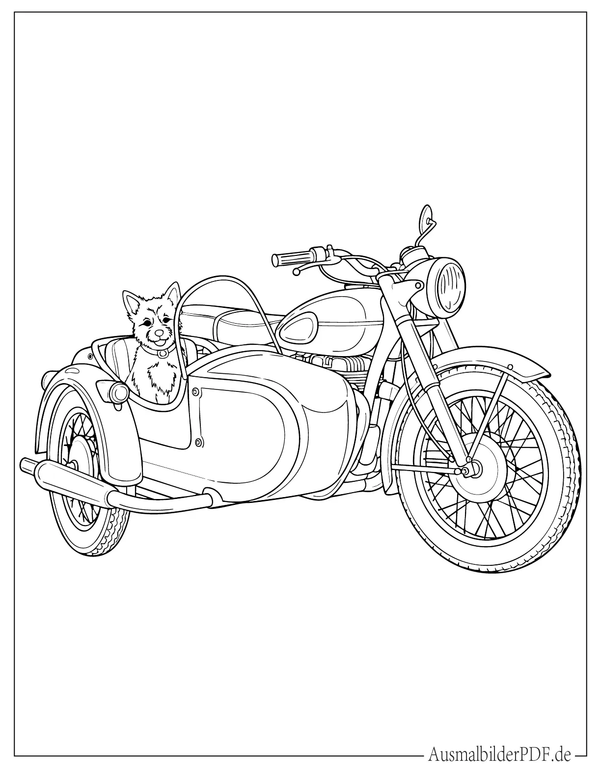 Motorrad mit Hund im Beiwagen Ausmalbild