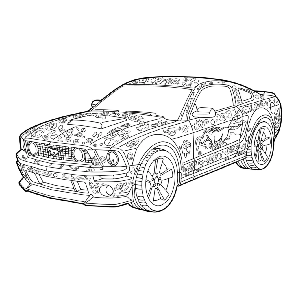 Kostenloses Hot Wheels Mustang Ausmalbild als PDF. Perfekt für Kinder, die schnelle Autos ausmalen möchten.