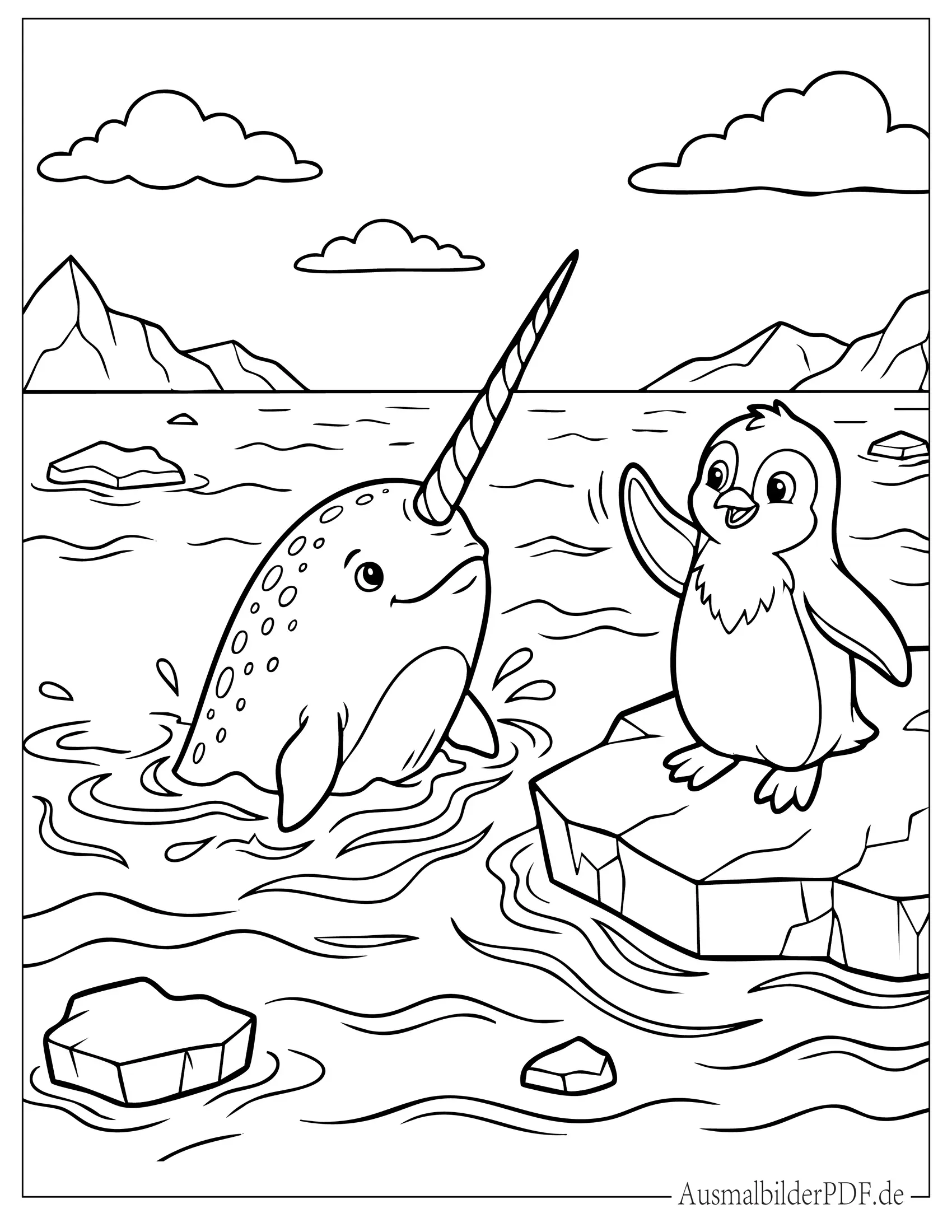 Narwal schwimmt in der Nähe eines freundlichen Pinguins auf einer Eisscholle Ausmalbild