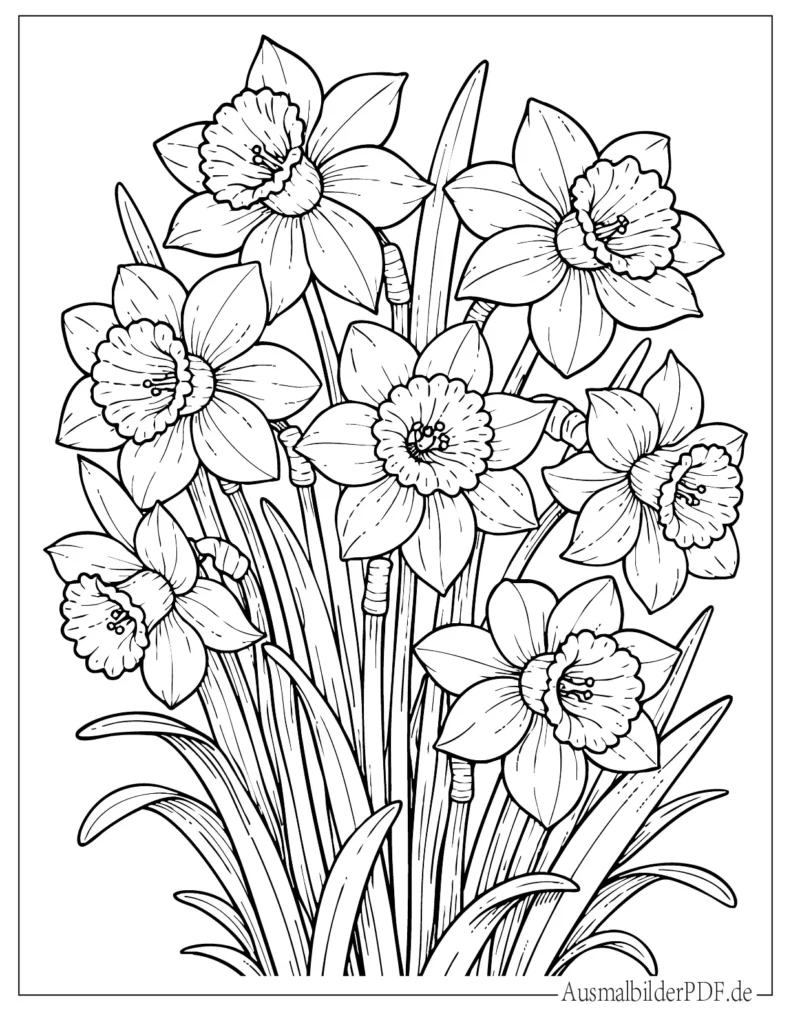 Ausmalbild eines Narzissen-Bündels mit langen Stielen und Blättern, ideal für Kinder zum Ausdrucken