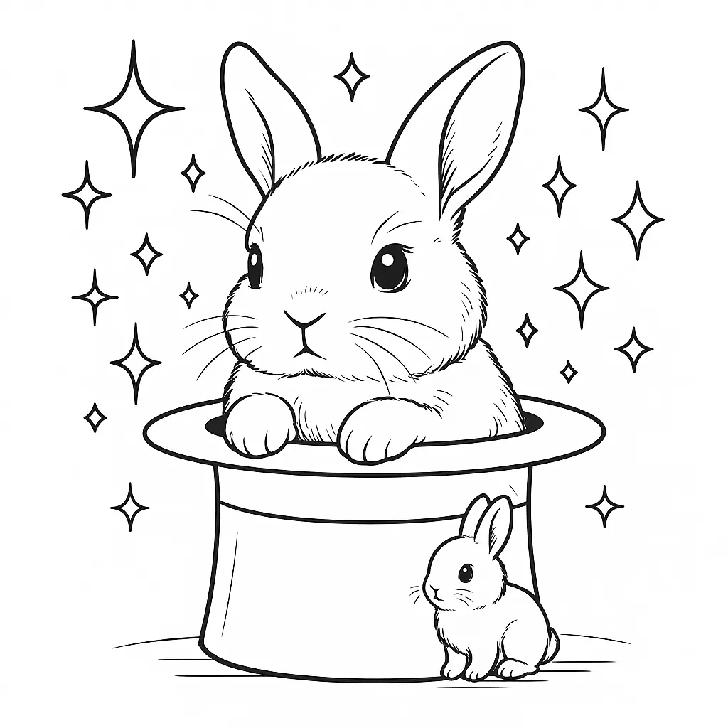 Ausmalbild eines Netherland Dwarf Hasen, der aus einem Zauberhut schaut, mit Sternen