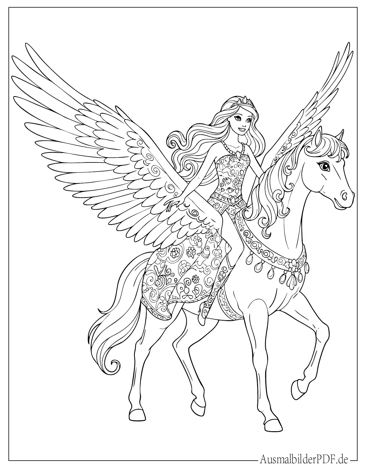 Niedliche Barbie reitet auf Pegasus Malvorlage
