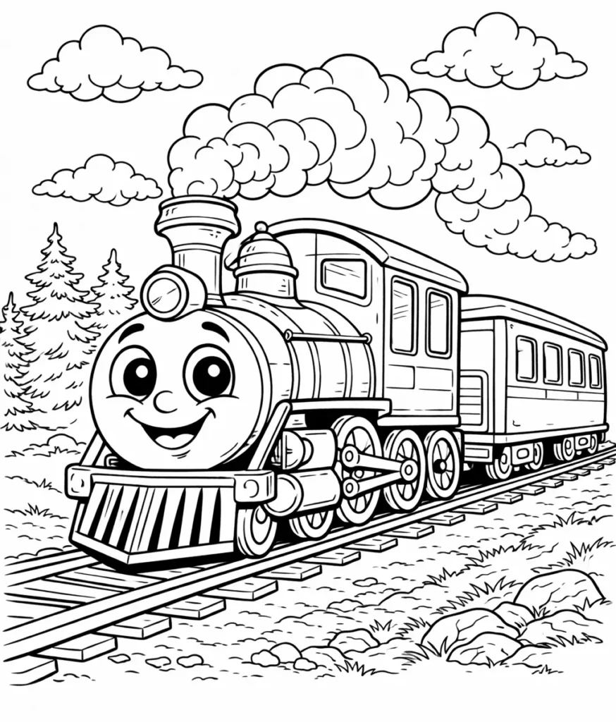 Eisenbahn Ausmalbilder (Gratis Malvorlage PDF zum drucken) Ausmalbild einer niedlichen Cartoon Eisenbahn mit freundlichem Gesicht für Kinder zum Ausdrucken