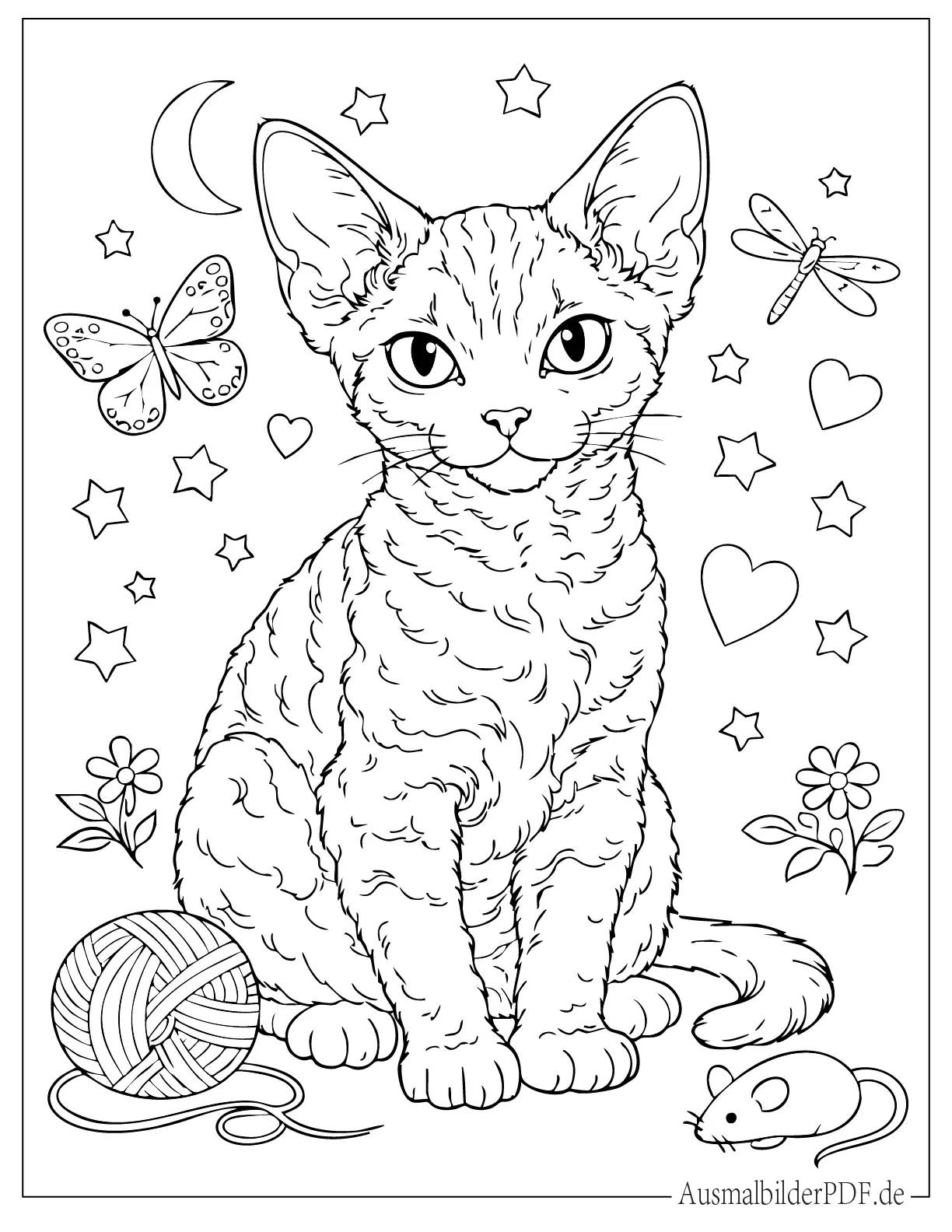 Niedliche Devon Rex Katze Ausmalbild zum Ausdrucken