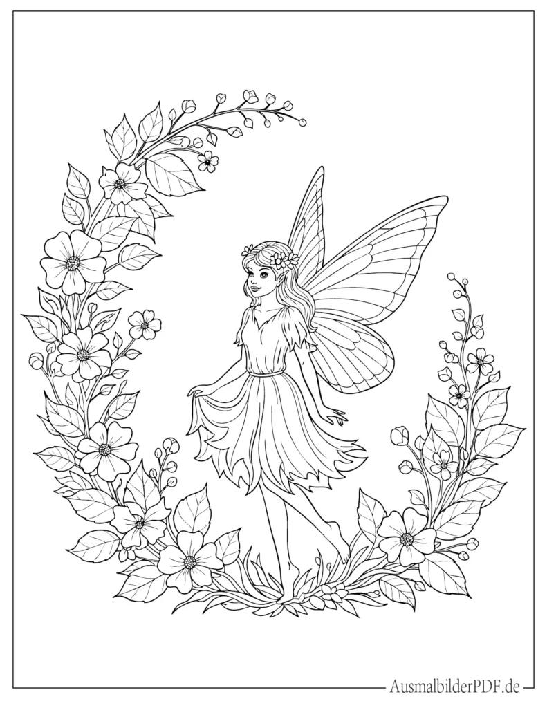 Süßes Ausmalbild einer kleinen Fee mit Blumen, liebevoll gestaltet und perfekt zum Ausdrucken für kreative Kinder