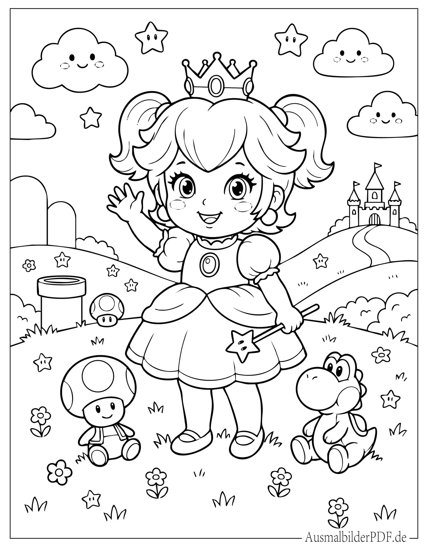 Niedliche kleine Prinzessin Peach mit Baby Toad und Yoshi Ausmalbild