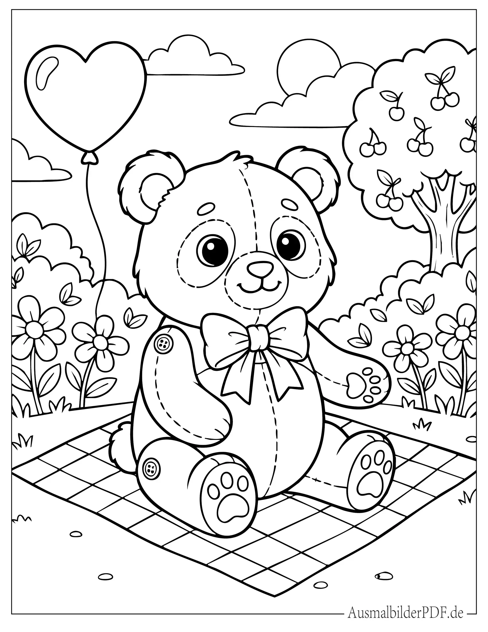 Niedlicher Panda Teddy mit Herzballon zum Ausmalen