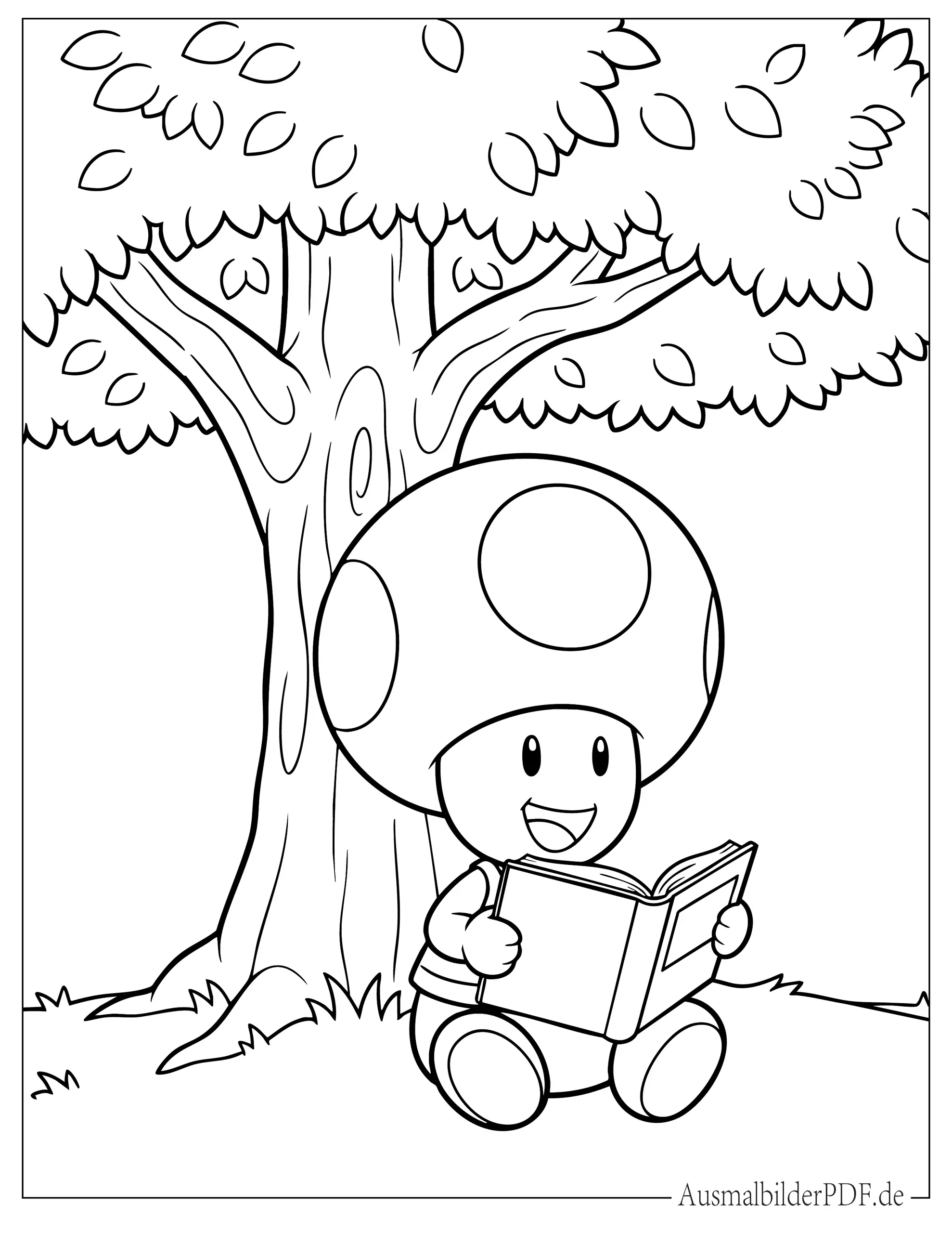 Niedlicher Toad liest Buch sitzend unter einem Baum Ausmalbild