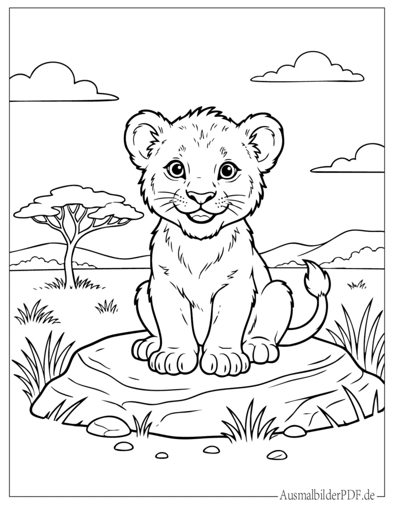 Malvorlage eines niedlichen Baby Löwen, der sitzt und lächelt, perfekt zum Ausmalen für Kinder
