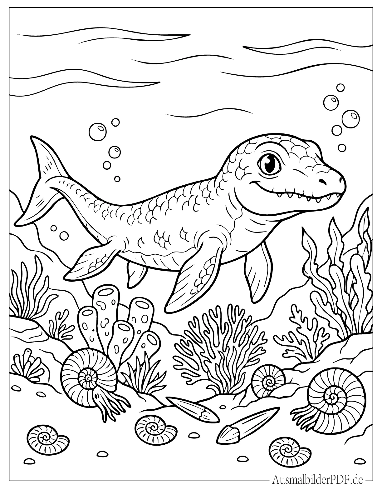 Niedlicher Baby-Mosasaurus unter Wasser Ausmalbild