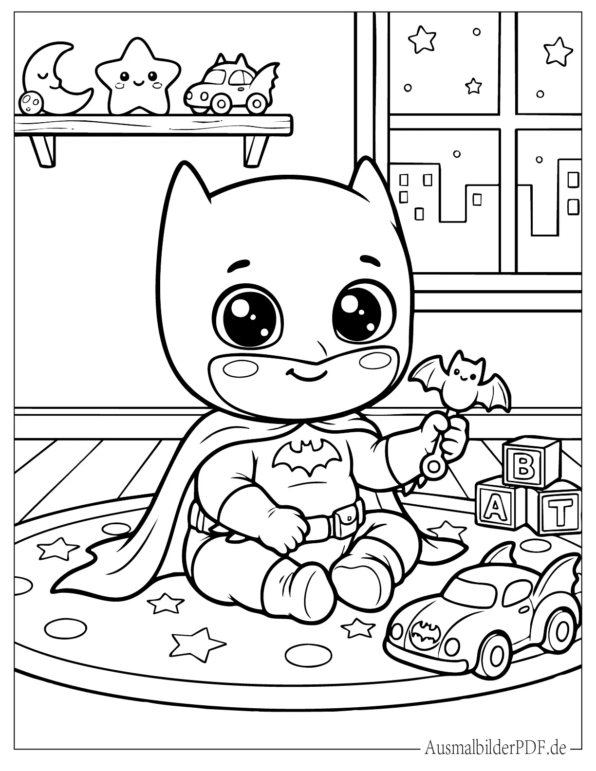 Süße Kawaii Baby Batman Malvorlage für Kinder mit niedlichem Comic Stil, perfekt zum Ausdrucken und kreativen Ausmalen.