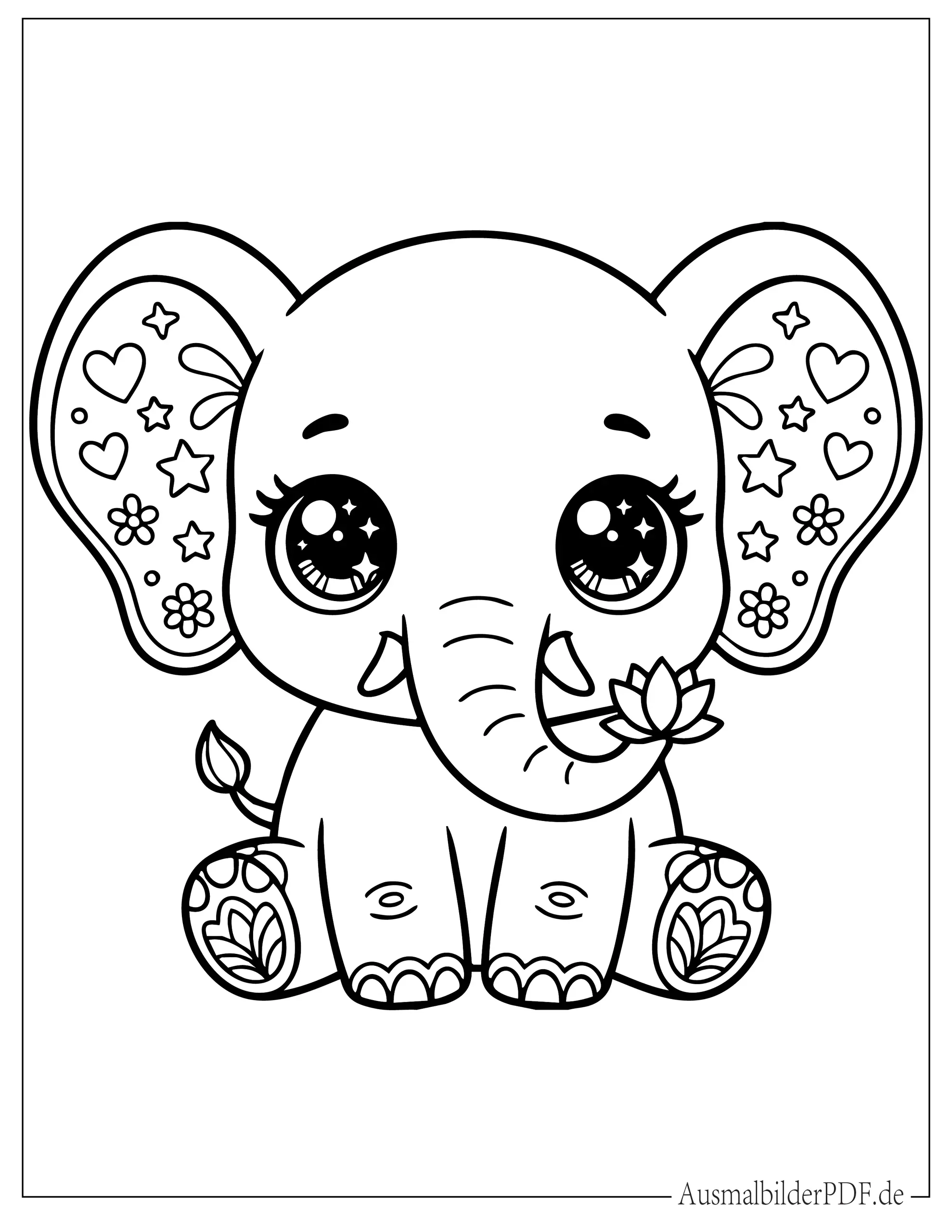 Niedlicher Kawaii Baby Elefant Ausmalbild zum Ausdrucken