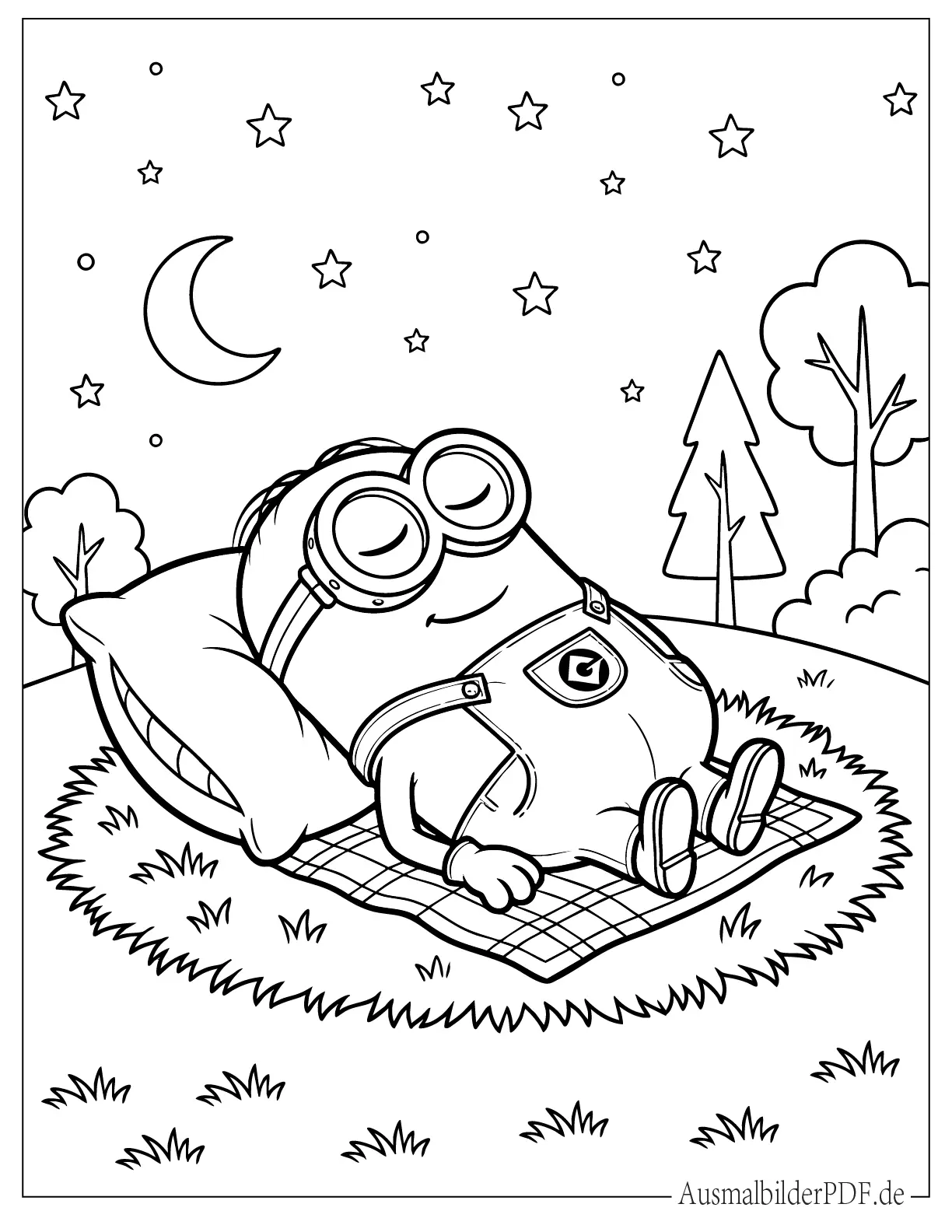 Niedlicher Minion schlafend mit Sternen und Mond am Himmel Ausmalbild