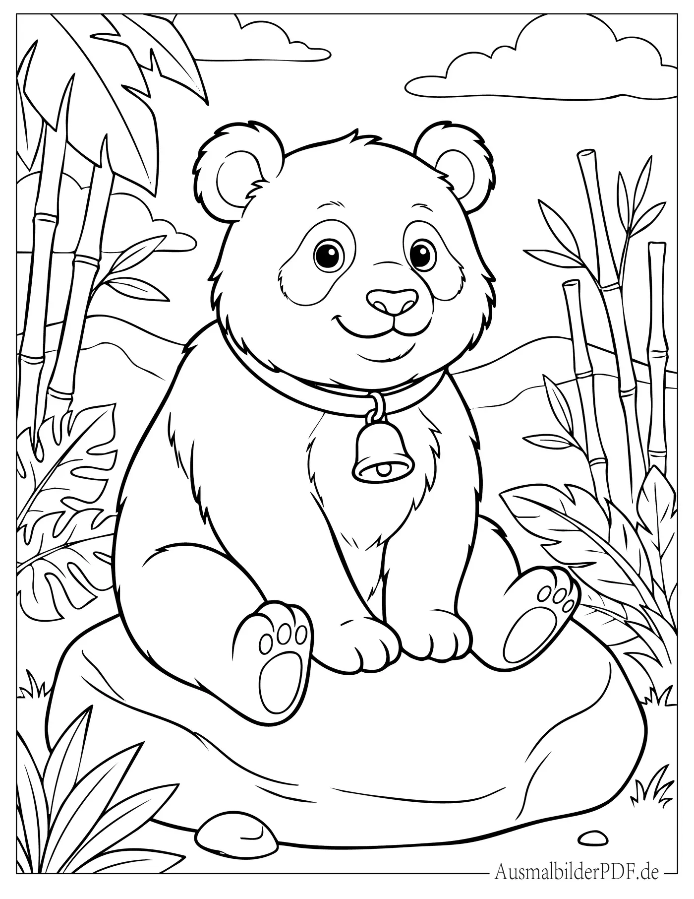Niedlicher Panda mit Glöckchenhalsband sitzt auf einem Felsen Ausmalbild