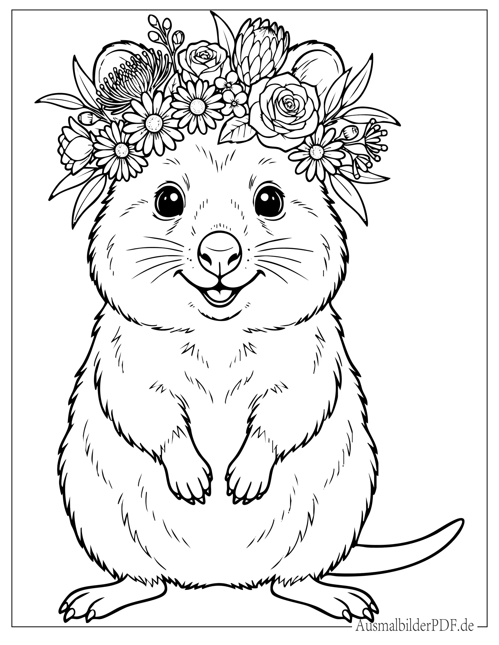 Niedliches Quokka trägt Blumenkrone Ausmalbild zum Ausdrucken