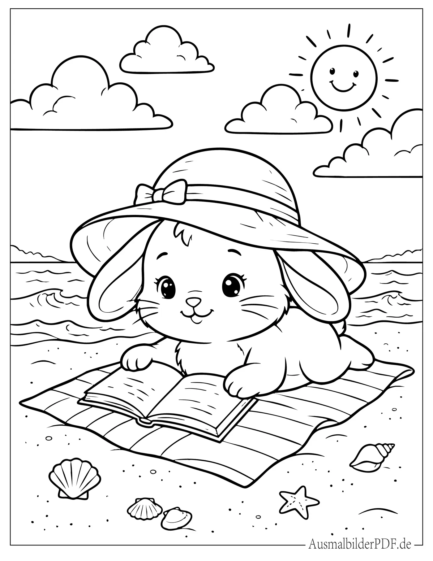 Niedlicher Sommerhase mit Sonnenhut entspannt mit einem Buch am Meer Ausmalbild