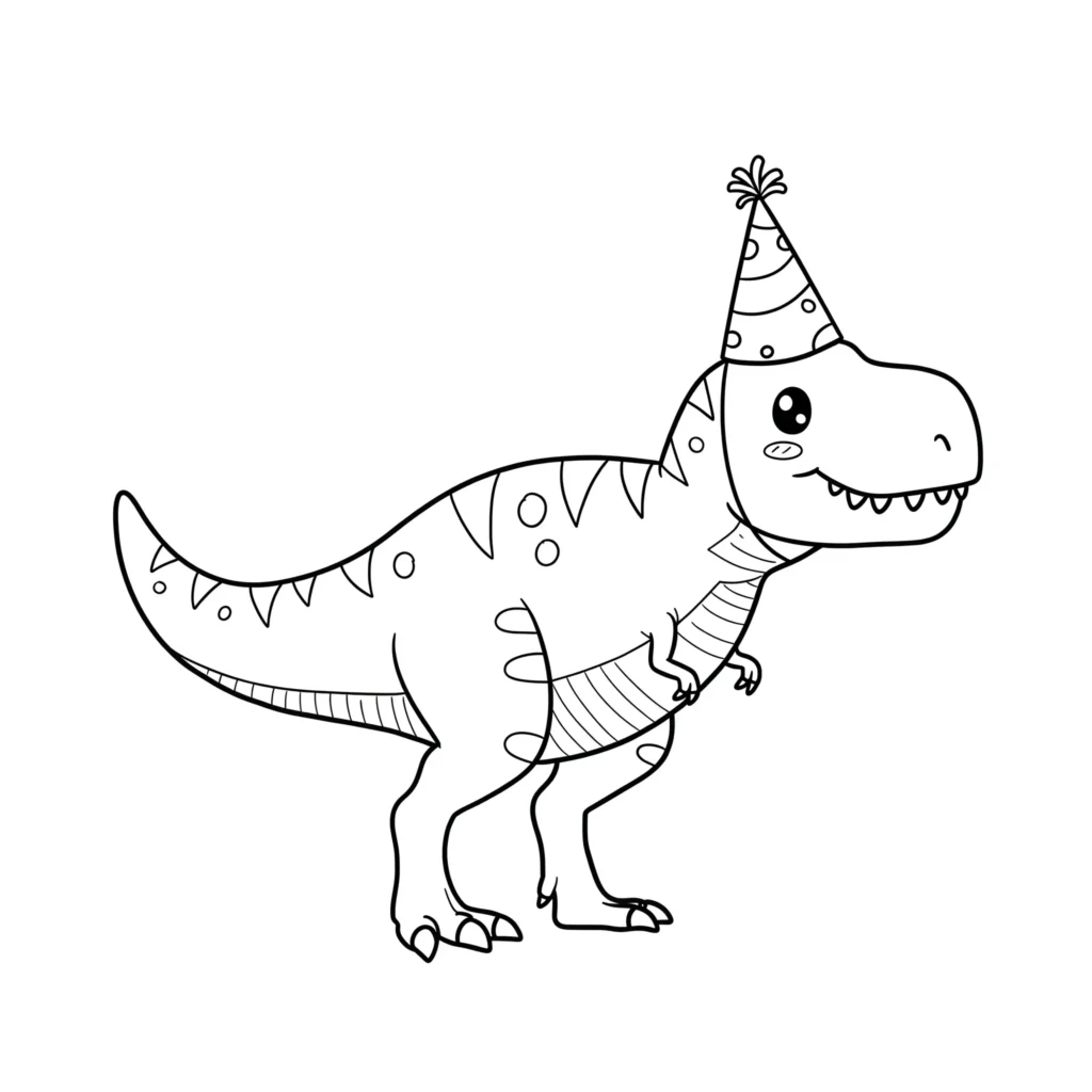 Ausmalbild eines niedlichen T-Rex mit einem bunten Partyhut, perfekt für Kinder zum Ausmalen bei Feierlichkeiten.