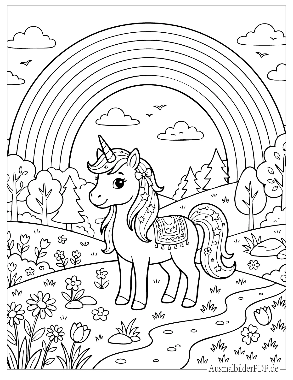 20 Regenbogen Ausmalbilder (Gratis Malvorlagen zum drucken) Niedliches Einhorn unter Regenbogen in der Wildnis Malvorlage