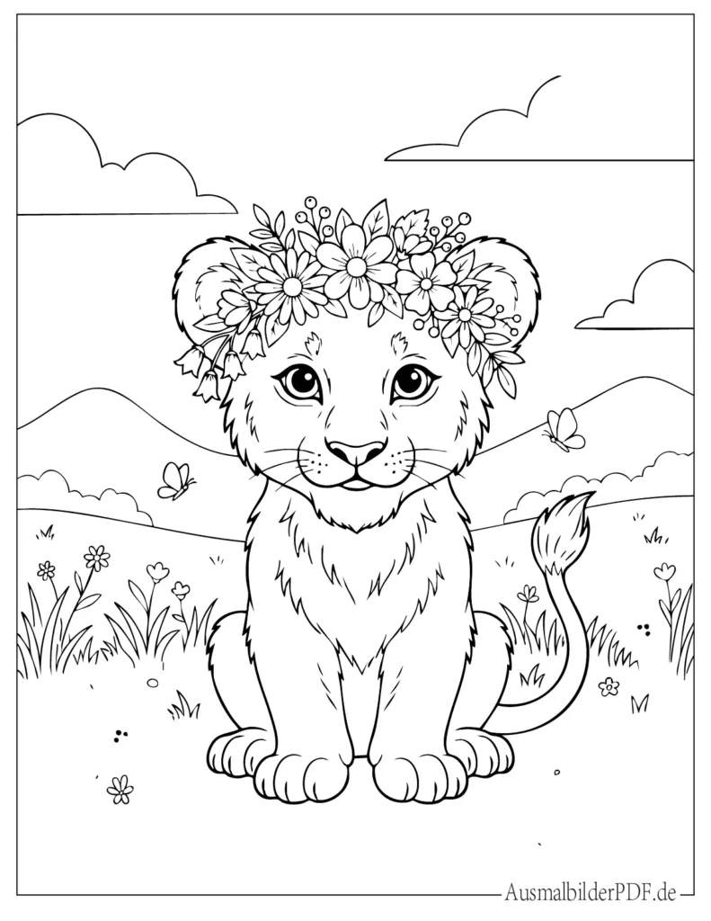 Ausmalbild eines niedlichen Löwenbabys mit Blumenkrone, perfekt für Kinder zum Ausmalen und kreative, fantasievolle Gestaltung zuhause