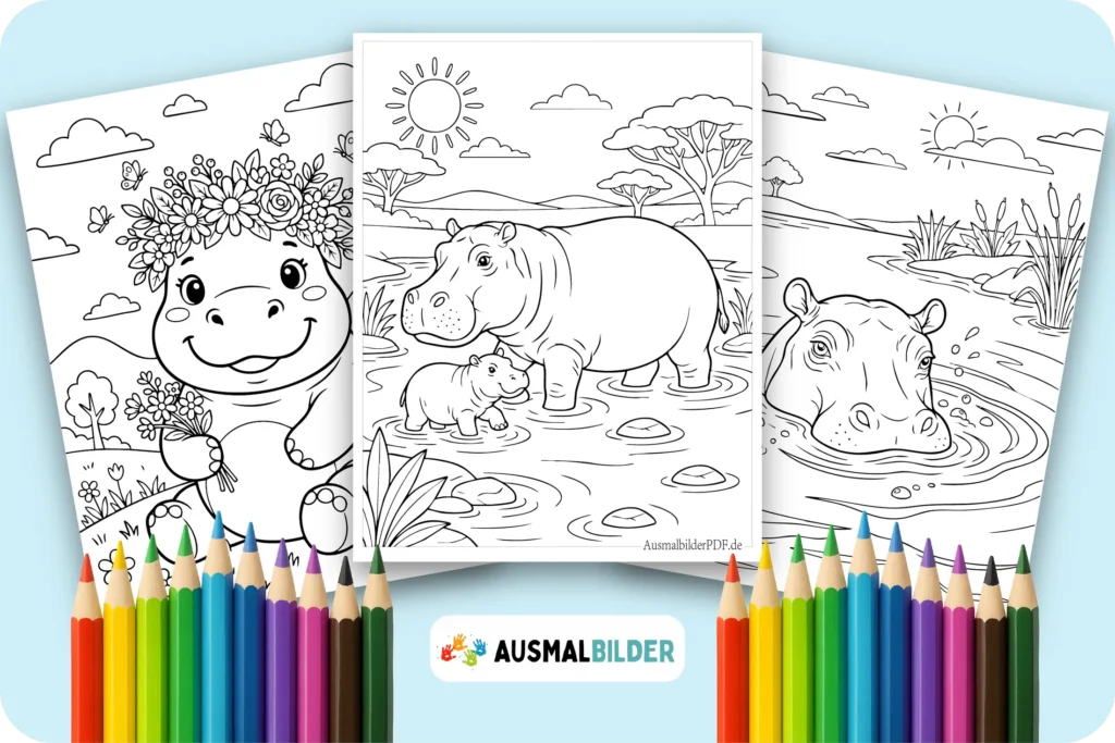Nilpferd Ausmalbilder kostenlos zum Ausdrucken für Kinder jeden Alters