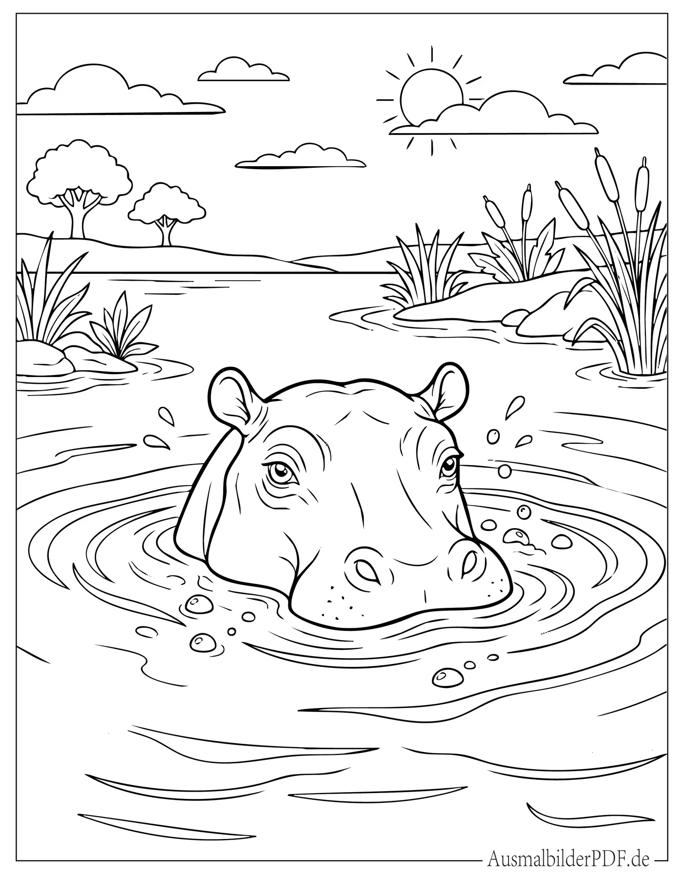 Realistisches Nilpferd streckt den Kopf aus dem Wasser Ausmalbild
