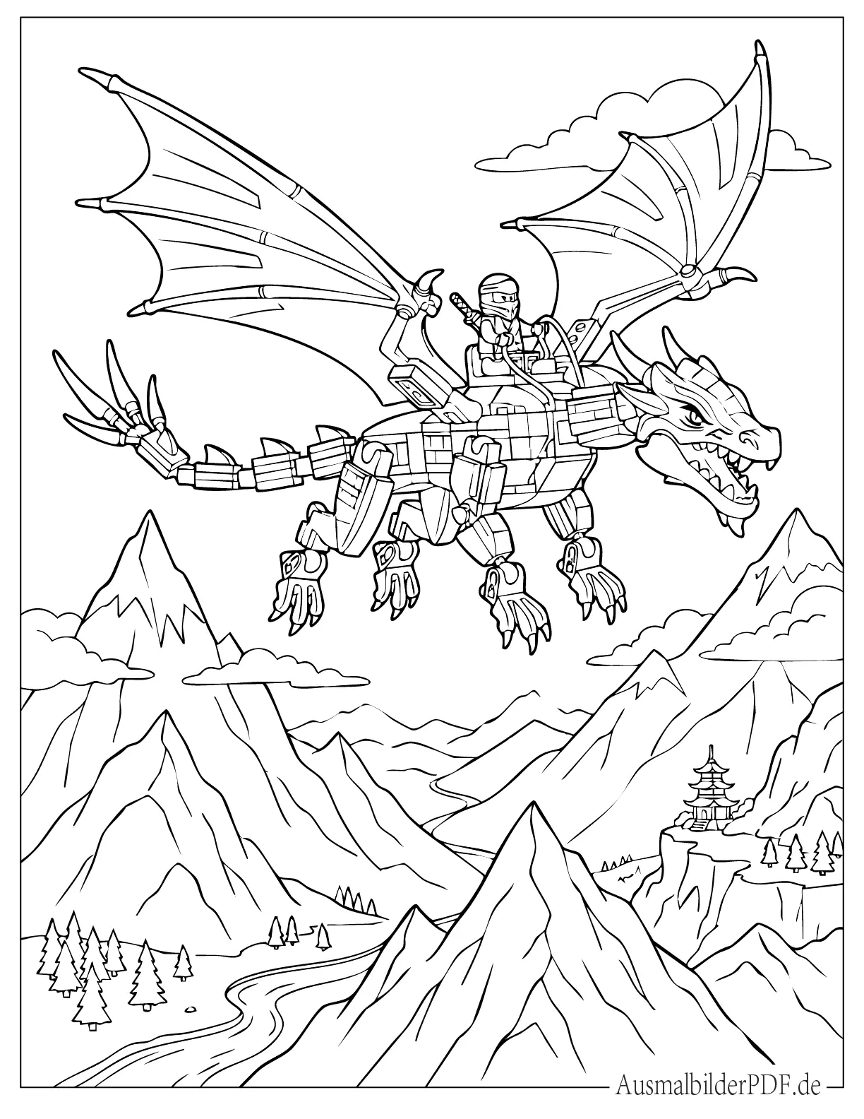 LEGO Ninjago Fliegender Drache über den Bergen Malvorlage