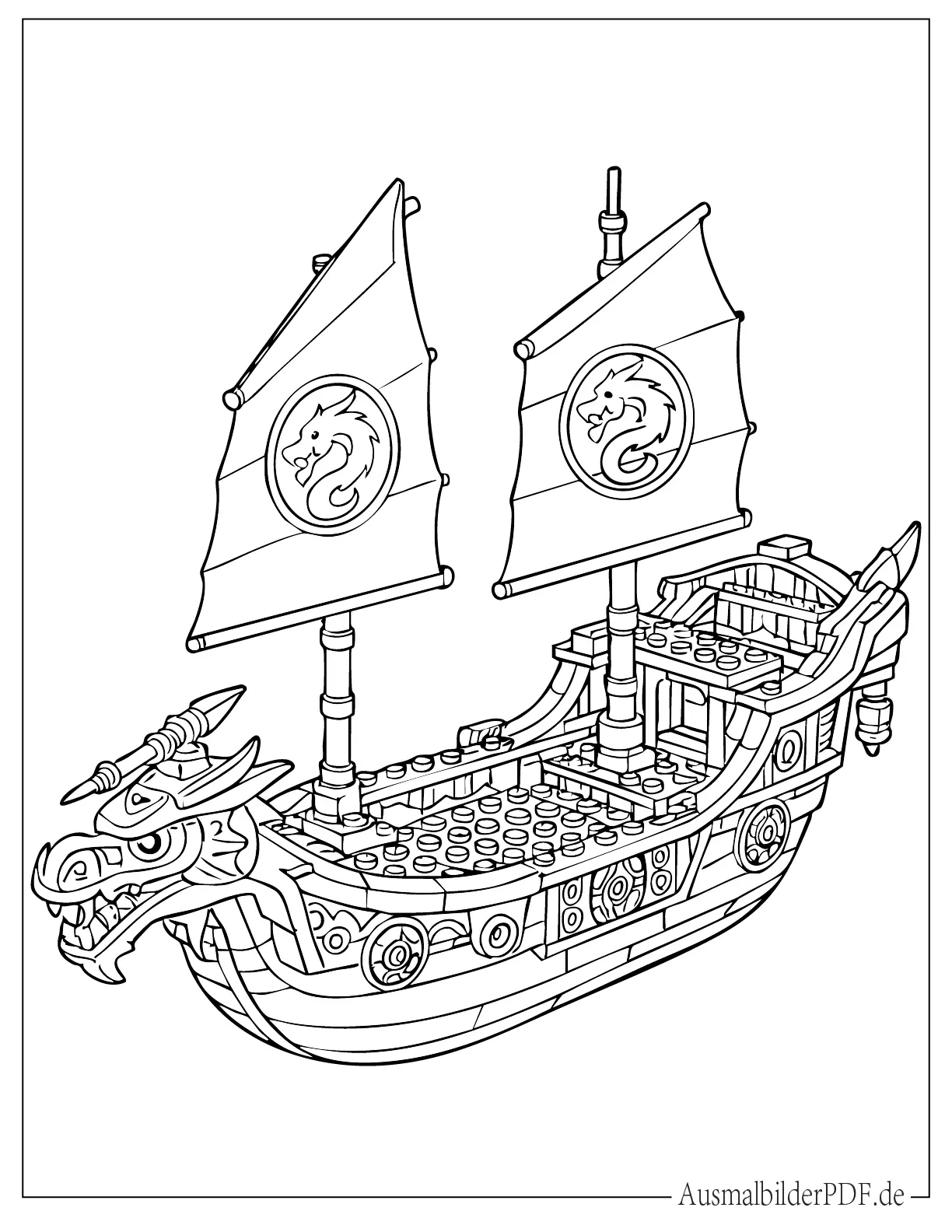 Detailliertes Ninjago Schiff mit Flaggen Ausmalbild