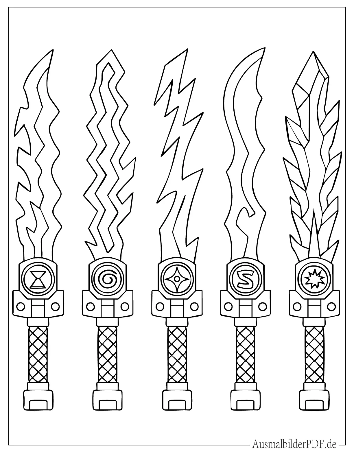 Fünf verschiedene Ninjago Zeitklingen Ausmalbild für Kinder
