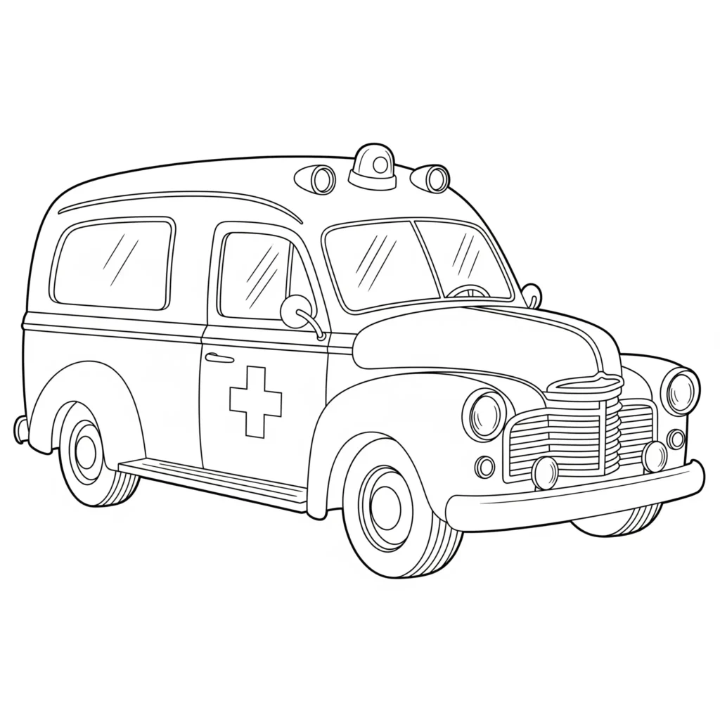 Krankenwagen Ausmalbilder (Gratis Malvorlage Ausdrucken) Ausmalbild eines Notarztwagens im Retro-Stil aus den 1950er Jahren. Perfekt zum Ausdrucken und Ausmalen für Kinder, die historische Fahrzeuge lieben.
