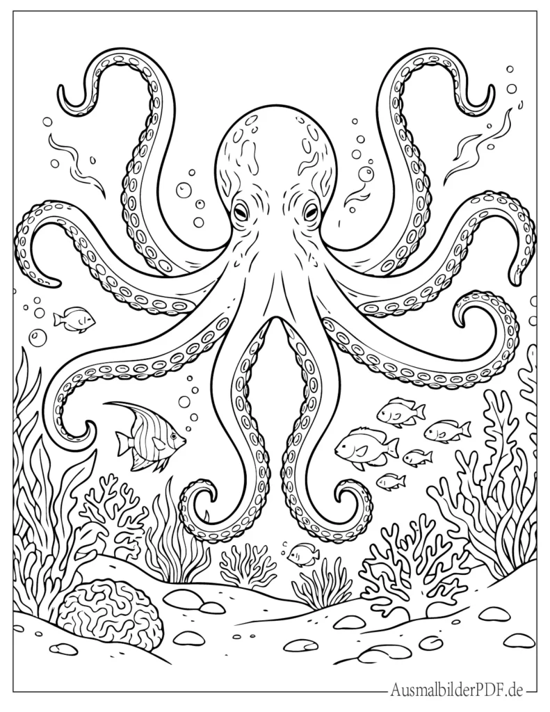 Malvorlage eines Oktopus mit acht langen, ausgebreiteten Tentakeln für Kinder, ideal zum Drucken und Ausmalen, detailreich gestaltet