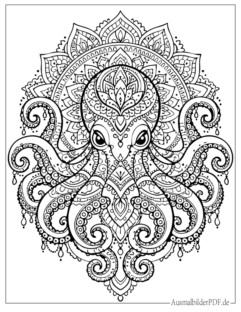 Ausmalbild eines Oktopus Mandalas für Kinder und Erwachsene, perfekt zum Ausdrucken und entspannenden Ausmalen