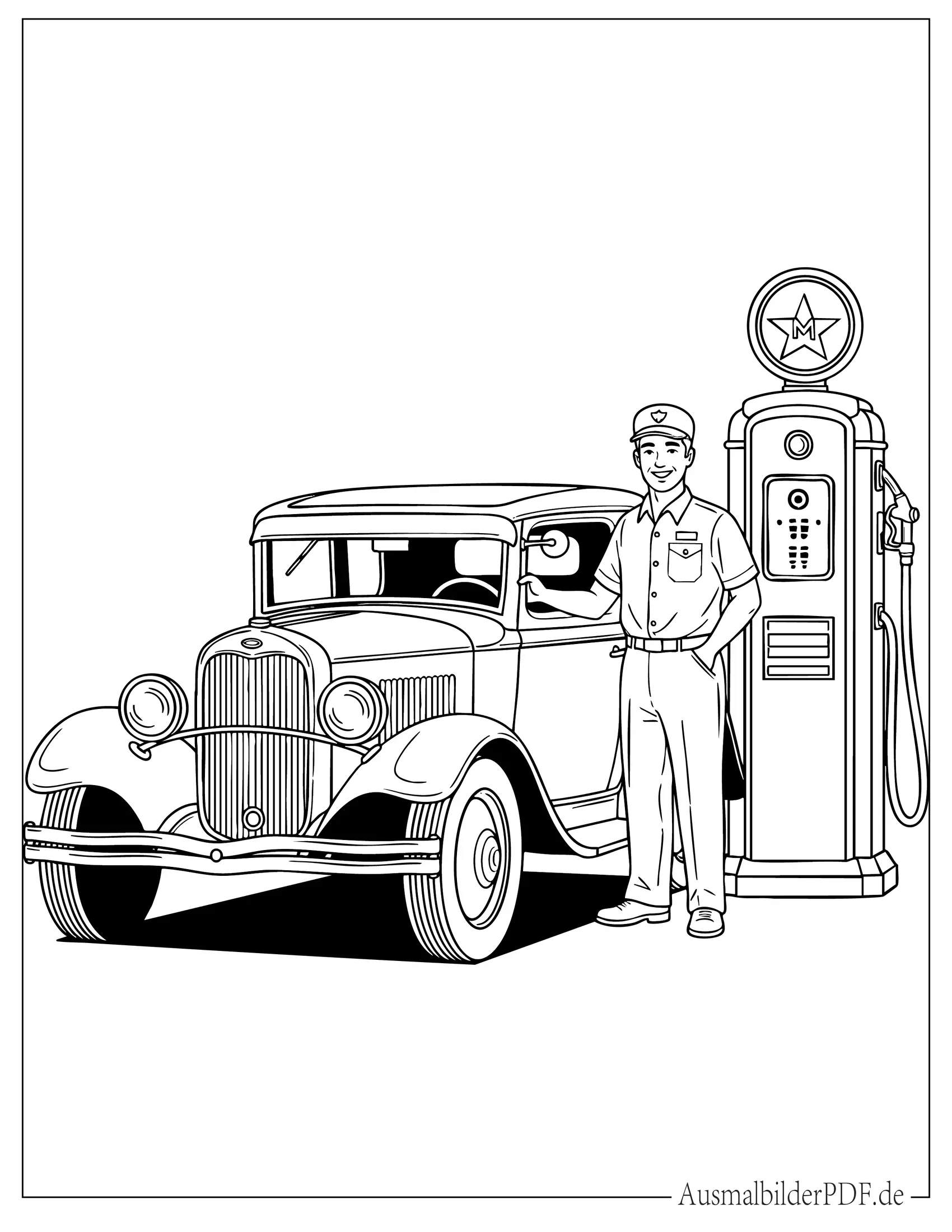 Oldtimer an einer Tankstelle zum Ausmalen