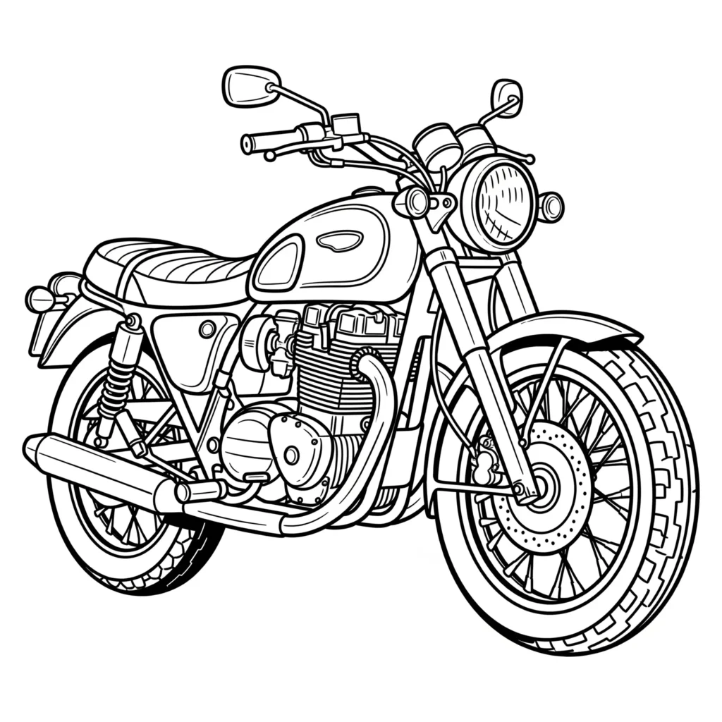 10+ Motorrad Ausmalbilder (Gratis Malvorlage zum Ausdrucken) Ausmalbild eines klassischen Oldtimer Motorrads für Kinder als kostenlose druckbare PDF-Vorlage zum kreativen Ausmalen